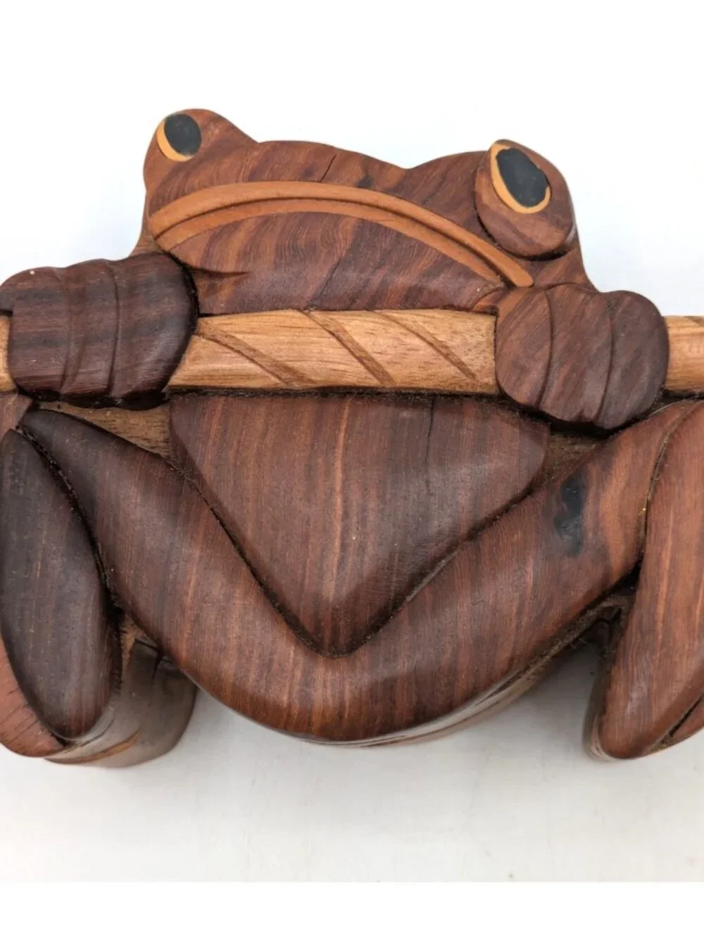 Vintage Wood Marquetry Tree Frog Puzzle Trinket Box Red Velvet Lining 7.5